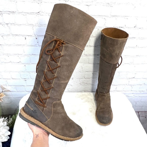 Born Shoes - |•BORN•| Tall Brown Suede Leather Lace Up Side Boots